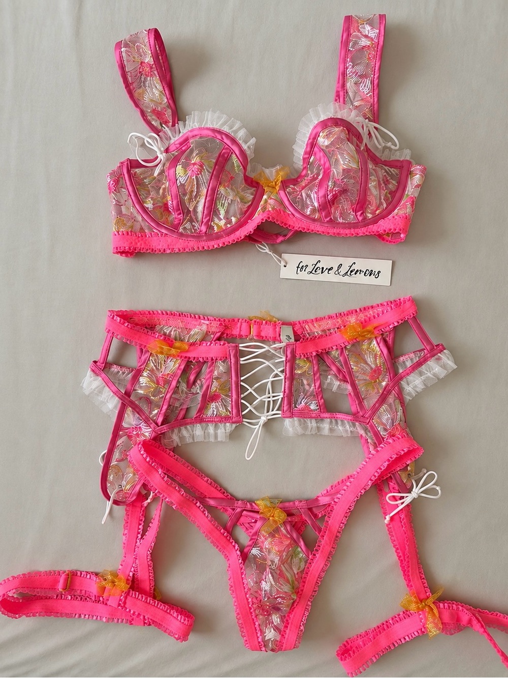 For Love & Lemons Electric Fields 3 pc Embroidered Lace Lingerie Set